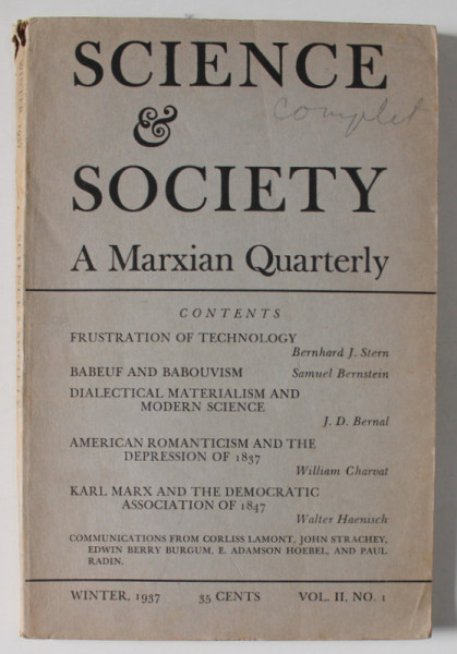 SCIENCE and SOCIETY , A MARXIAN QUARTERLY , NO. 1 , WINTER , 1937