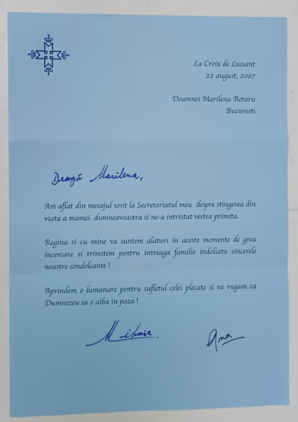 SCRISOARE SEMNATA  OLOGRAF  SI COMPLETATA  CU NUMELE DESTINATAREI  DE M.S. REGELE MIHAI I AL ROMANIEI ,  SEMNATA SI DE M.S. REGINA  ANA  , 22 AUGUST  , 2007