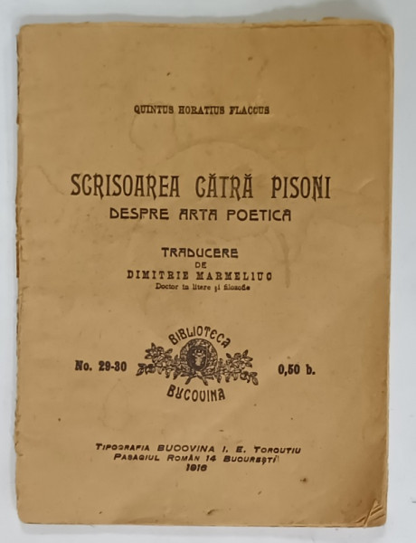 SCRISOAREA CATRE PISONI DESPRE ARTA POETICA A LUI QUINTUS HORATIUS FLACCUS , 1916