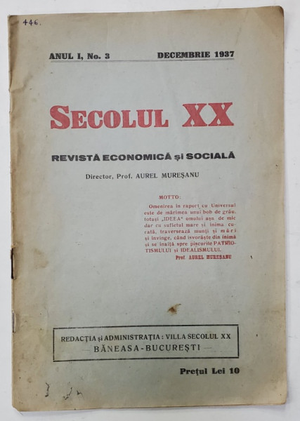 SECOLUL XX , REVISTA ECONOMICA SI SOCIALA , ANUL I , nr. 3 , DEC. 1937