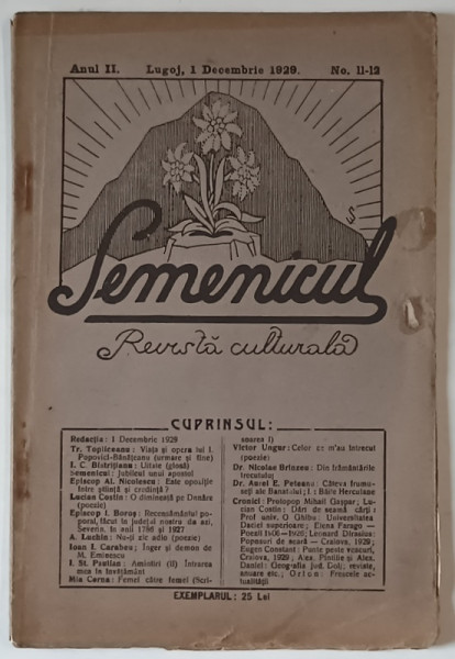 SEMENICUL , REVISTA CULTURALA , APARUTA LA LUGOJ , ANUL II , No- 11 -12 , 1 DECEMBRIE 1929