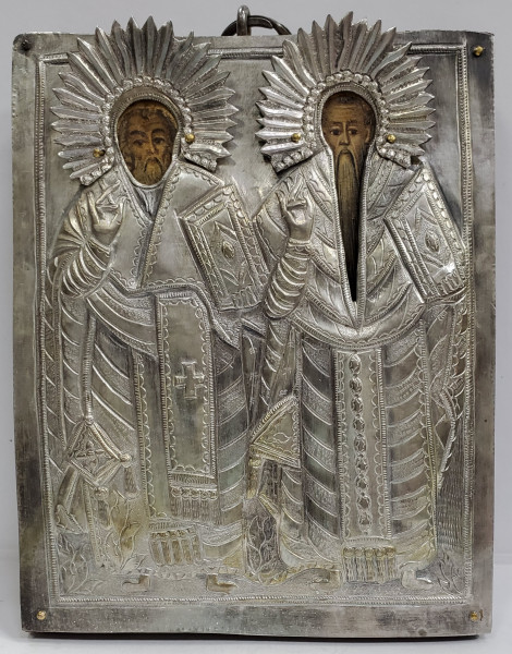 Sf. Ierarh Nicolae si Sf. Haralambie, Icoana cu Ferecatura din Argint, Scoala Greaca, Secol XIX