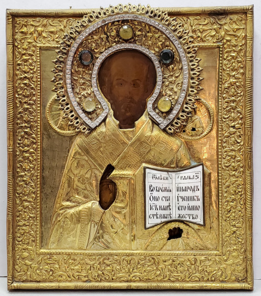Sfantul Nicolae din Myra, Icoana cu ferecatura aurita si email, Scoala Ruseasca, Secol XIX