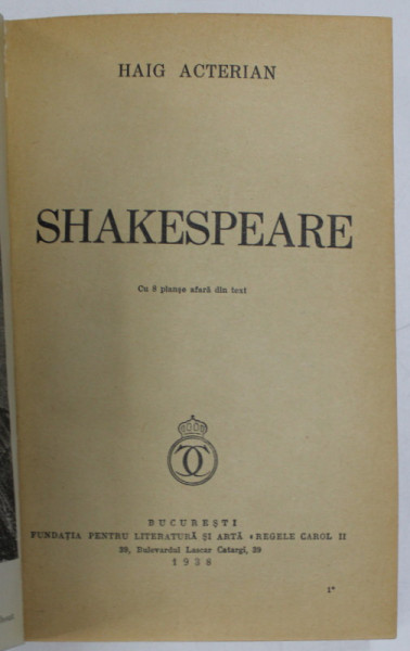 SHAKESPEARE de HAIG ACTERIAN, 1938 * LEGATURA VECHE