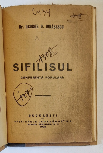 SIFILISUL , conferinta populara de Dr. GEORGE D. IONASESCU , 1925