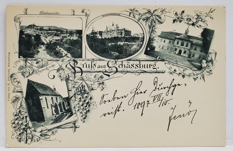 SIGHISOARA , MONTAJ CU PATRU IMAGINI DIN ORAS , LITOGRAFIE , CARTE POSTALA , CLASICA