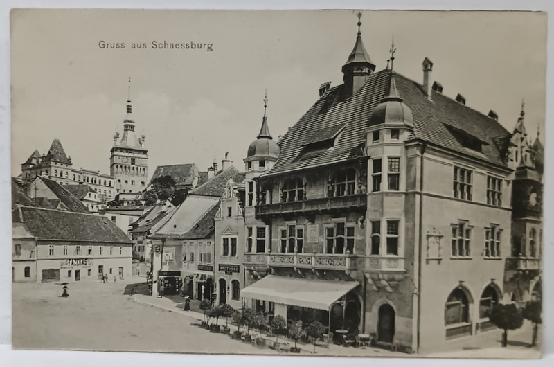SIGHISOARA , VEDERE DIN CENTRU , IN DREAPTA CLADIREA CU FARMACI LA PARTER , CARTE POSTALA , CLASICA , CCA. 1900