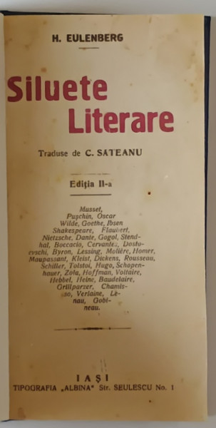 SILUETE LITERARE de H. EULENBERG , EDITIE INTERBELICA