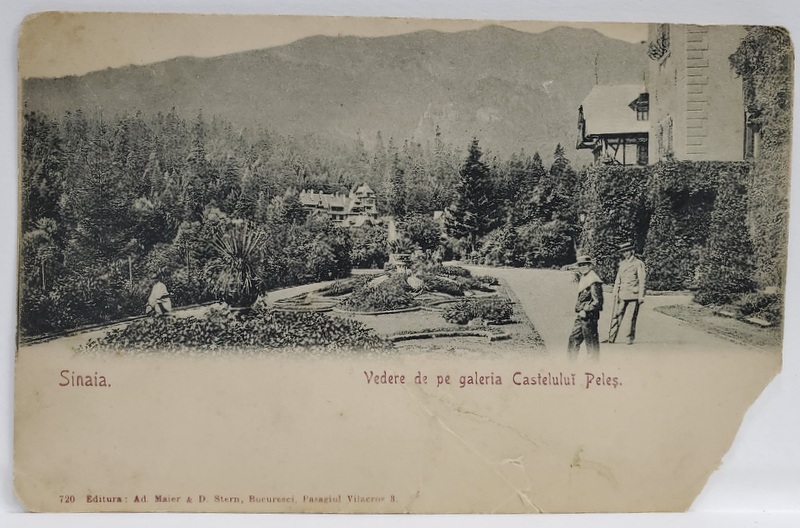 SINAIA , VEDERE DE PE GALERIA CASTELULUI PELES , CARTE POSTALA , CLASICA , LIPSA COLTUL DIN DREAPTA JOS