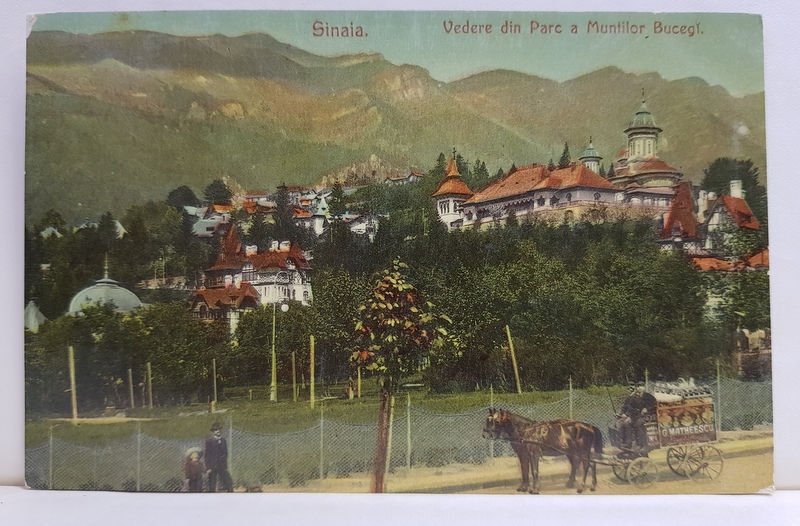 SINAIA , VEDERE DIN PARC A MUNTILOR BUCEGI SI TRASURICA CU RECLAMA ' G. MATHEESCU - COLONIALE '  , CARTE POSTALA ILUSTRATA , INCEPUTUL SECOLULUI XX