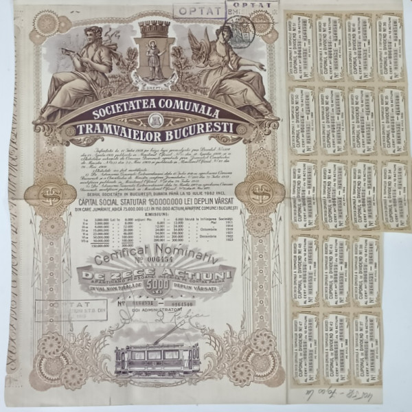 SOCIETATEA COMUNALA A  TRAMVAIELOR BUCURESTI , CERTIFICAT NOMINATIV DE ZECE ACTIUNI , IN VALOARE TOTALA DE 5000 LEI , 1922
