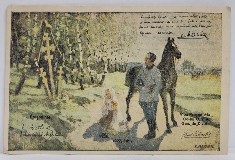 SOLDAT SI FEMEIE IN PORT POPULAR IN FATA UNEI TROITE , ALEGORIE CU CITAT DIN M.S. REGINA MARIA , CARTE POSTALA , GRAFICA  COLOR , 1927