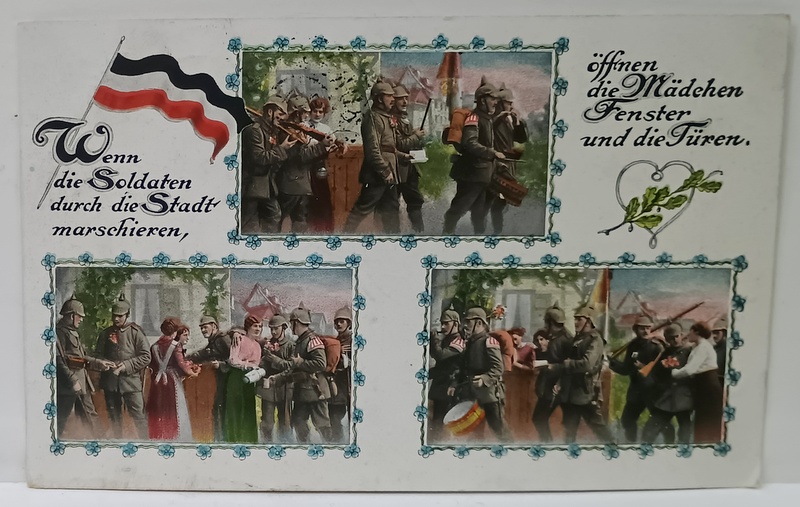SOLDATI GERMANI MARSALUIND IN ORAS ,  FOTOMONTAJ , FOTOGRAFII COLORIZATE , CARTE POSTALA ILUSTRATA , 1915
