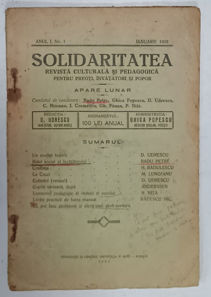 SOLIDARITATEA , REVISTA CULTURALA SI PEDAGOGICA , PENTRU PREOTI , INVATATORI SI POPOR ,  , ANUL I , NR.1 , 1928