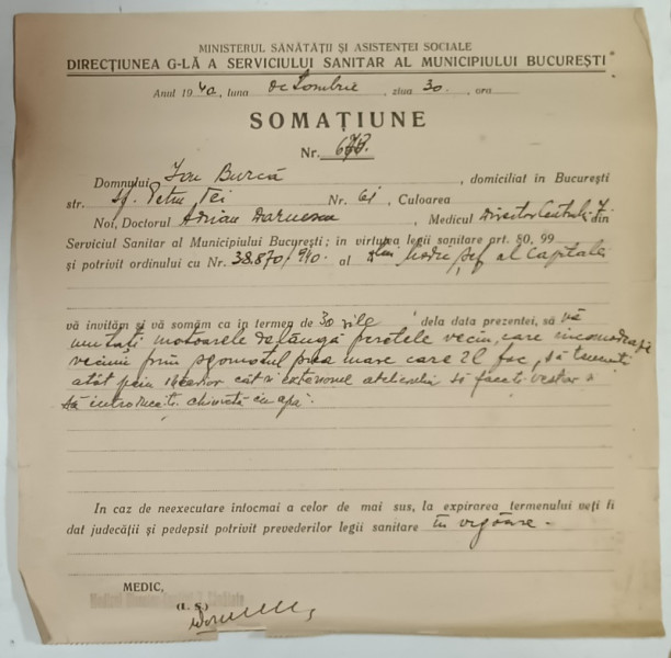 SOMATIUNE EMISA DE MINISTERUL SANATATII SI ASISTENTEI SOCIALE , 1940