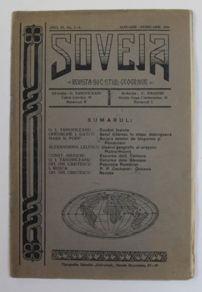 SOVEJA , REVISTA SOC. STUDENTILOR LA GEOGRAFIE , ANUL IV , NR. 1 - 2 , IANUARIE - FEBRUARIE , 1932