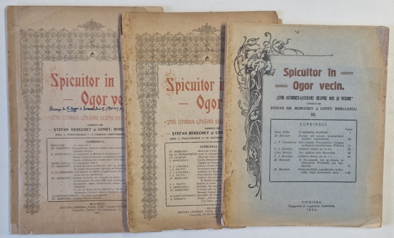 SPICUITOR IN OGOR VECIN , STIRI ISTORICO - LITERARE DESPRE NOI SI VECINI , ANUL I , FASCICULELE 1-3 / 4-12 , 1920 si  NR. 3 DIN 1924 , 3 CARTI