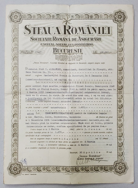 STEAUA ROMANIEI , SOCIETATE ROMANA DE ASIGURARI , POLITA , 1942