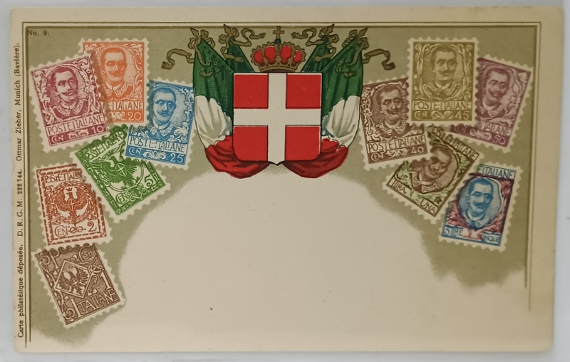 STEMA REGATULUI ITALIEI , CU STEAGURI SI 11 TIMBRE REPRODUSE CU PORTRETUL REGELUI UMBERTO I AL ITALIEI , CROMOLITOGRAFIE , CARTE POSTALA , CLASICA , SFARSIT DE SECOL XX