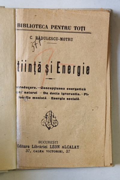 STIINTA SI ENERGIE de C. RADULESCU - MOTRU, EDITIE INTERBELICA