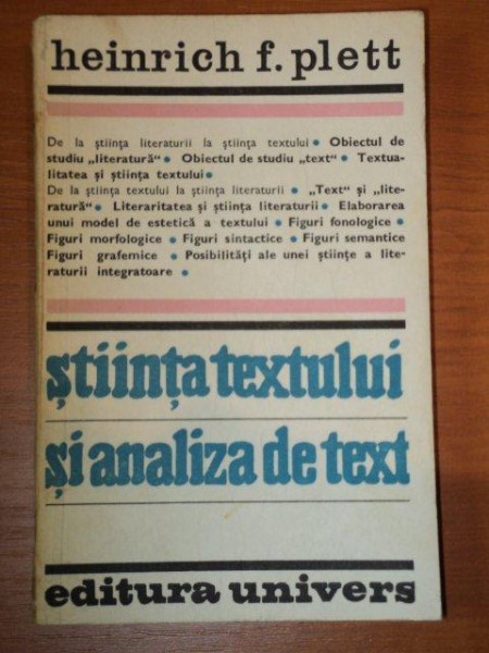 STIINTA TEXTULUI SI ANALIZA DE TEXT de HEINRICH F. PLETT  1983