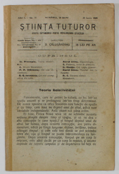 STIINTA TUTUROR , REVISTA SAPTAMANALA PENTRU POPULARIZAREA STIINTELOR , ANUL I , NO. 35 , 22 IUNIE  1919