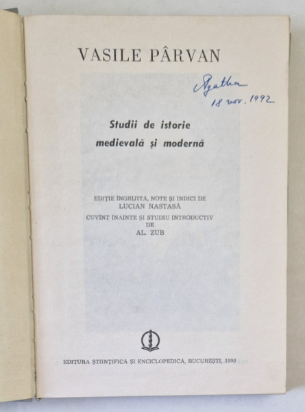 STUDII DE ISTORIE MEDIE SI MODERNA de VASILE PARVAN , 1990