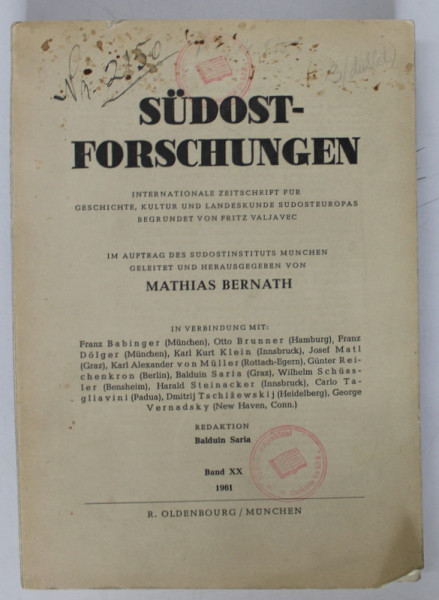 SUDOST - FORSCHUNGEN  i CERCETARI DE SUD - EST ) , BAND XX  , 1961 , REVISTA IN LIMBA GERMANA