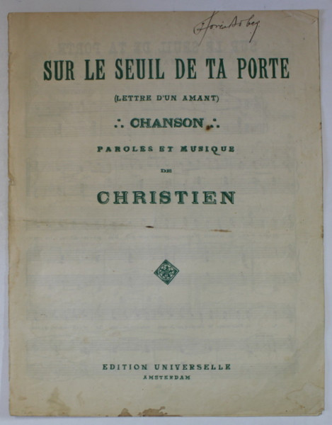 SUR LE SEUIL DE TA PORTE , CHANSON , paroles et musique de CHRISTIEN , INTERBELICA , PARTITURA