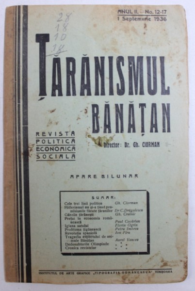 TARANISMUL BANATAN  - REVISTA POLITICA , ECONOMICA , SOCIALA  - APARE BILUNAR , ANUL II -  No. 12 - 17 , 1 SETEMBRIE  ,  1936