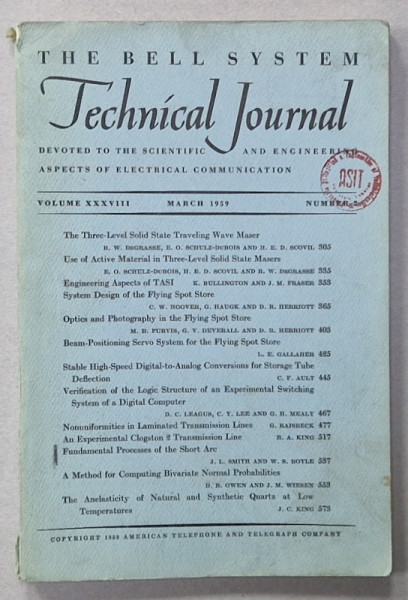 TECHNICAL JOURNAL , , VOLUME XXXVIII , NUMBER 2 , MARCH 1959