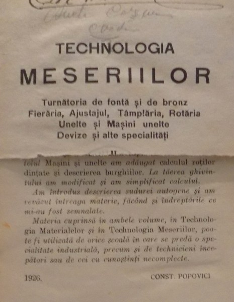 TECHNOLOGIA MESERIILOR , 1926