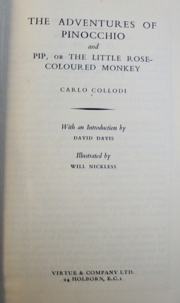 THE ADVENTURES OF PINOCCHIO AND PIP, OR THE LITTLE ROSE-COLOURED MONKEY de CARLO COLLODI, 1954