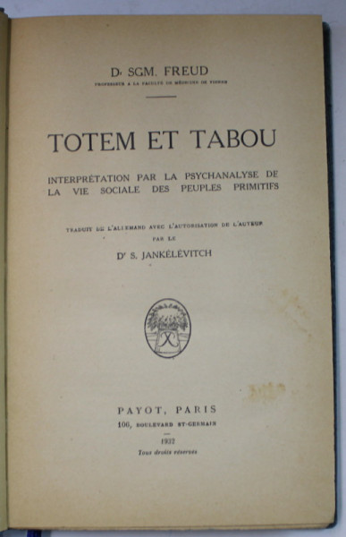 TOTEM ET TABOU par Dr. SGM. FREUD , 1932