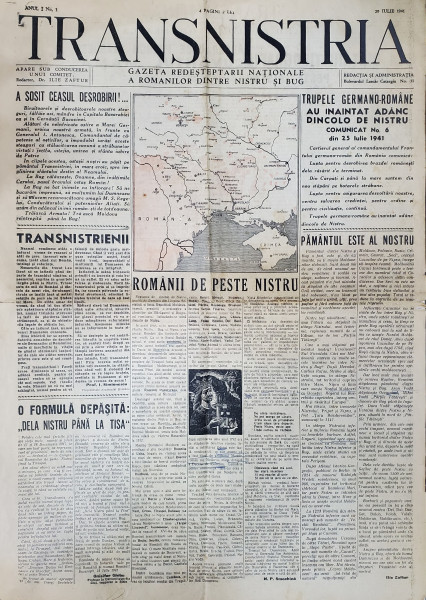 '' TRANSNISTRIA  " , GAZETA REDESTEPTARII NATIONALE  A ROMANILOR DINTRE NISTRU SI BUG , ANUL I , NR. 1 , 20 IULIE 1941