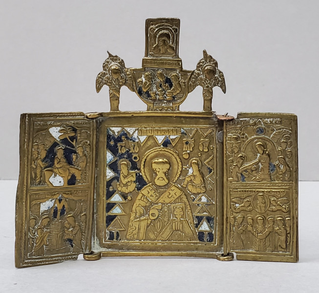 Triptic de calatorie din bronz, decorat cu email policrom, Rusia, sfarsit de sec. XIX