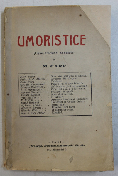 UMORISTICE - alese , traduse , adaptate de M . CARP , EDITIE INTERBELICA