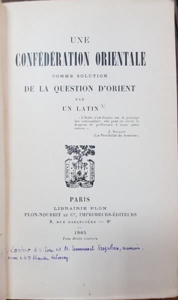 UNE CONFEDERATION ORIENTALE  - PARIS 1905