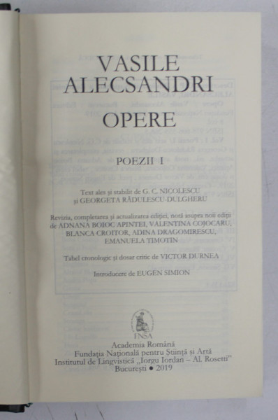 VASILE ALECSANDRI , OPERE , POEZII , VOLUMUL I , 2019 *EDITIE PE HARTIE DE BIBLIE , *MICI DEFECTE