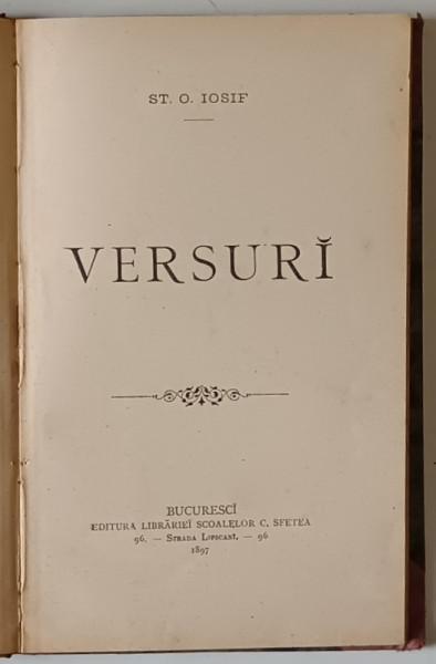VERSURI de ST. O. IOSIF , 1897 , EDITIE PRINCEPS