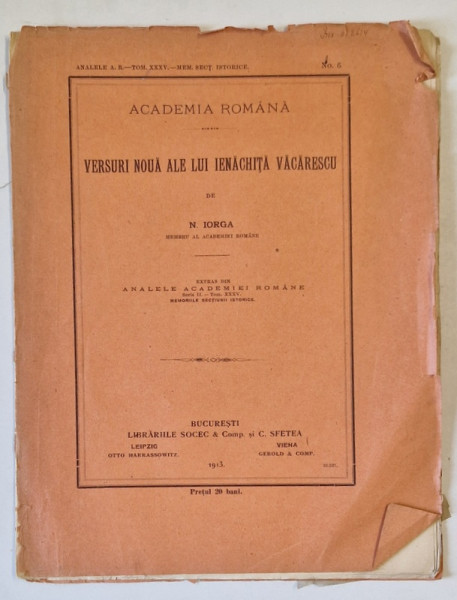 VERSURI NOUA ALE LUI IENACHITA VACARESCU de N. IORGA , 1913