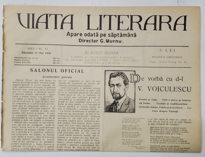 VIATA LITERARA ,  DIRECTOR G. MURNU , SAPTAMANAL , ANUL I , NR. 13 , 15 MAI  , 1926