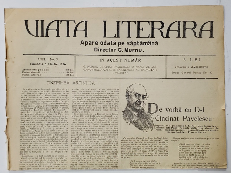 VIATA LITERARA ,  DIRECTOR G. MURNU , SAPTAMANAL , ANUL I , NR. 3 , 6 MARTIE  , 1926