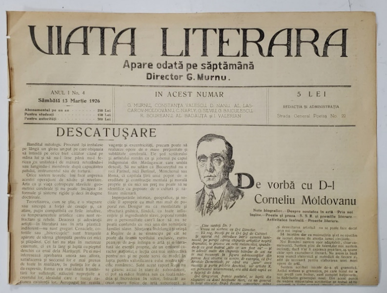 VIATA LITERARA ,  DIRECTOR G. MURNU , SAPTAMANAL , ANUL I , NR. 4 , 13 MARTIE  , 1926