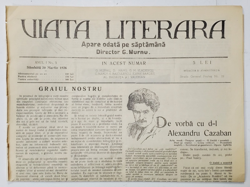 VIATA LITERARA ,  DIRECTOR G. MURNU , SAPTAMANAL , ANUL I , NR. 5   ,  20 MARTIE  , 1926