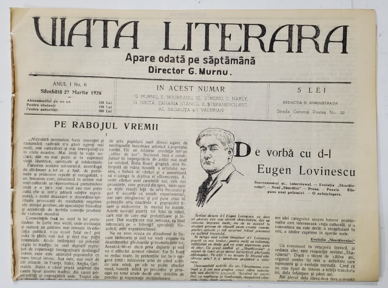 VIATA LITERARA ,  DIRECTOR G. MURNU , SAPTAMANAL , ANUL I , NR. 6   , 27 MARTIE, 1926