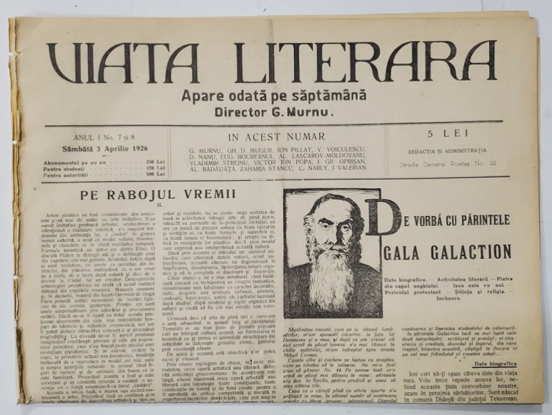 VIATA LITERARA ,  DIRECTOR G. MURNU , SAPTAMANAL , ANUL I , NR. 7 -8  , 3 APRILIE  , 1926