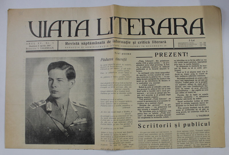 VIATA LITERARA , REVISTA SAPTAMANALA DE INFORMATIE SI CRITICA LITERARA , NR. 1 , 6 APRILIE , 1941
