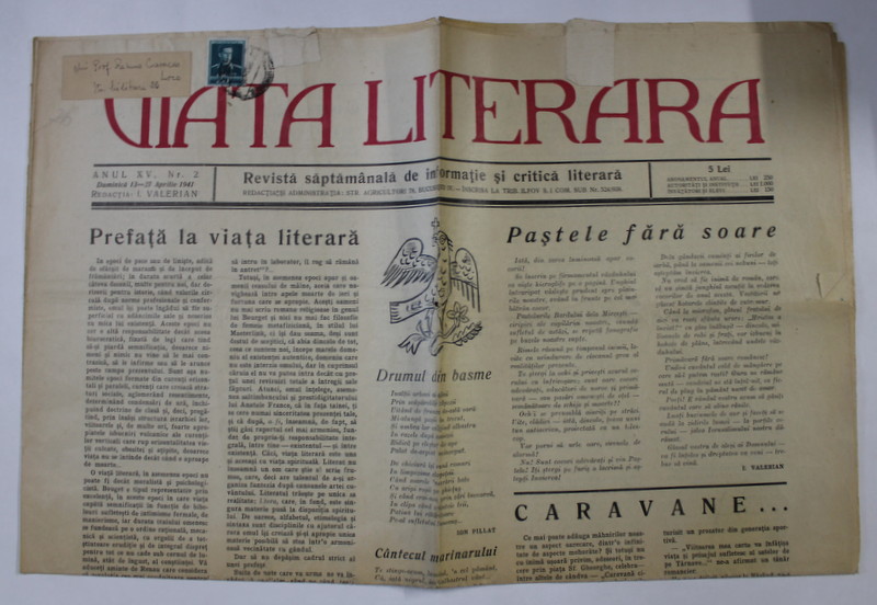 VIATA LITERARA , REVISTA SAPTAMANALA DE INFORMATIE SI CRITICA LITERARA , NR. 2 , 13 -27 APRILIE , 1941