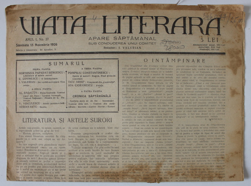 VIATA LITERARA , SAPTAMANAL , No. 27 , 1926